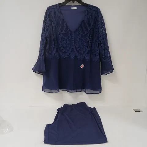 KALEIDOSCOPE WOMEN'S NAVY LACE-OVERLAY BLOUSE WITH MATCHING TROUSERS – TWO-PIECE SET SIZE 14