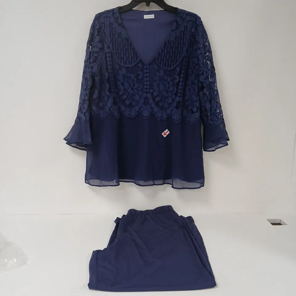 KALEIDOSCOPE WOMEN'S NAVY LACE-OVERLAY BLOUSE WITH MATCHING TROUSERS – TWO-PIECE SET SIZE 14