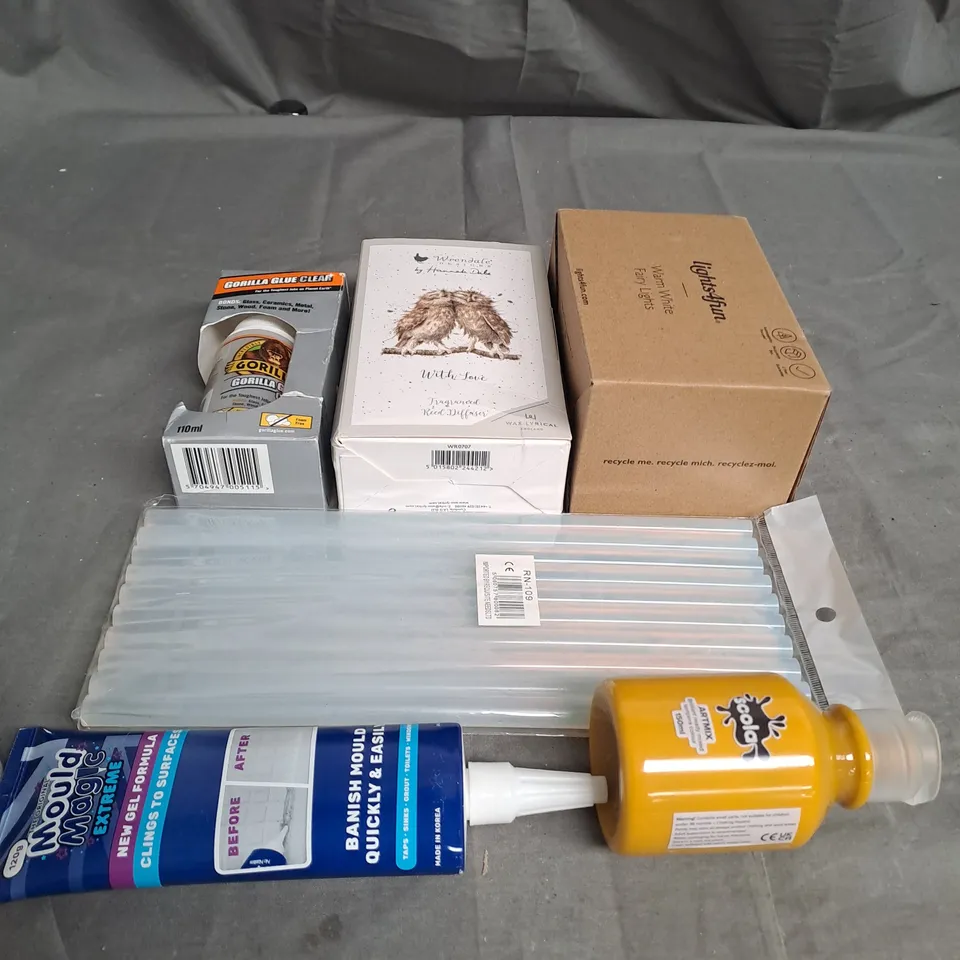 TOTE OF APPROX 20 HOUSEHOLD ITEMS TOO INCLUDE PAINT , GLUE , BOTTLE , ETC 