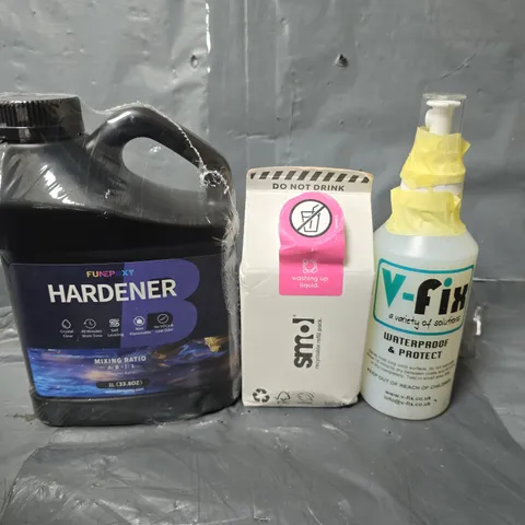 APPROXIMATELY 10 ASSORTED ITEMS TO INCLUDE - SMOL WASHING UP LIQUID , HARDENER , FIX WATERPROOF & PROTECT ETC