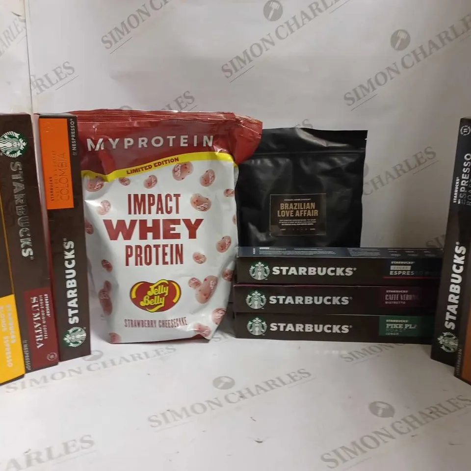 LOT OF APPROXIMATELY 10 ITEMS TO INCLUDE MYPROTEIN IMPACT WHEY PROTEIN (JELLYBELLY STRAWBERRY CHEESECAKE - 1.08KG), BRAZILIAN LOVE AFFAIR DARK COFFEE BEANS, STARBUCKS DECAF ESPRESSO ROAST, ETC