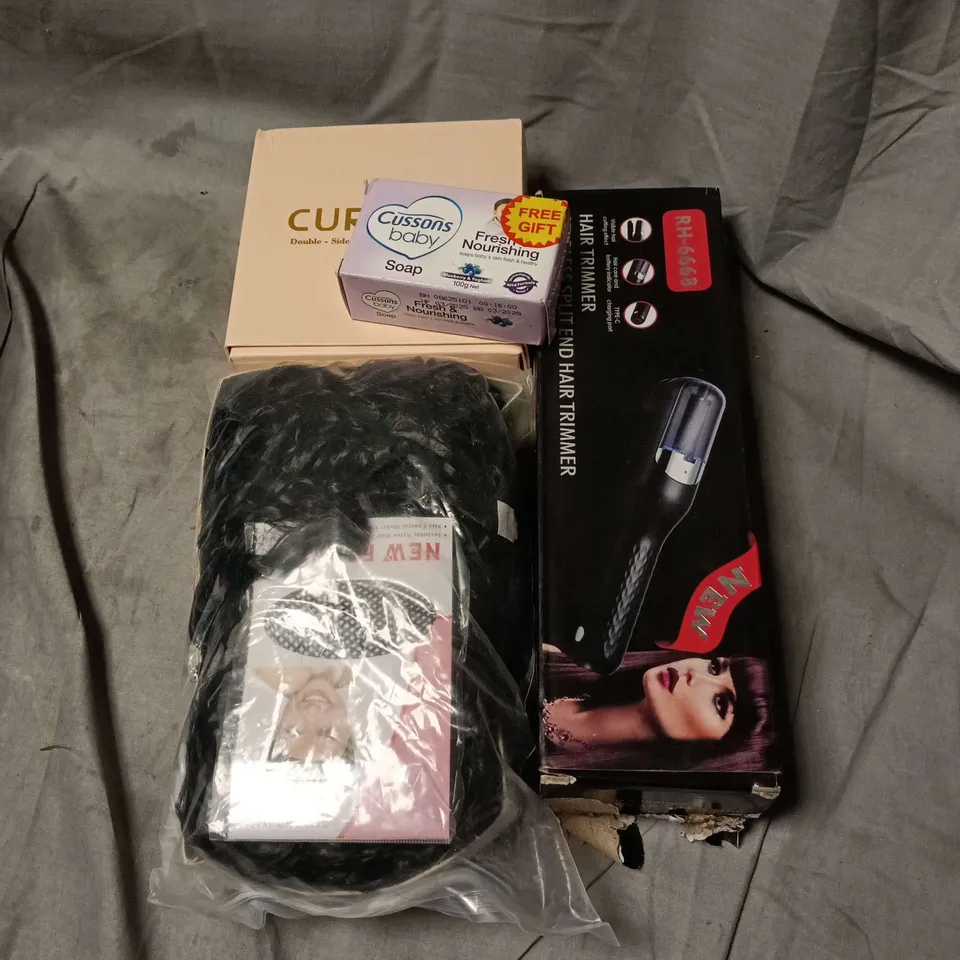 APPROXIMATELY 10 ASSORTED COSMETIC ITEMS TO INCLUDE BABY SOAP, CORDLESS SPLIT END HAIR TRIMMER, WIGS, BRA PADS ETC