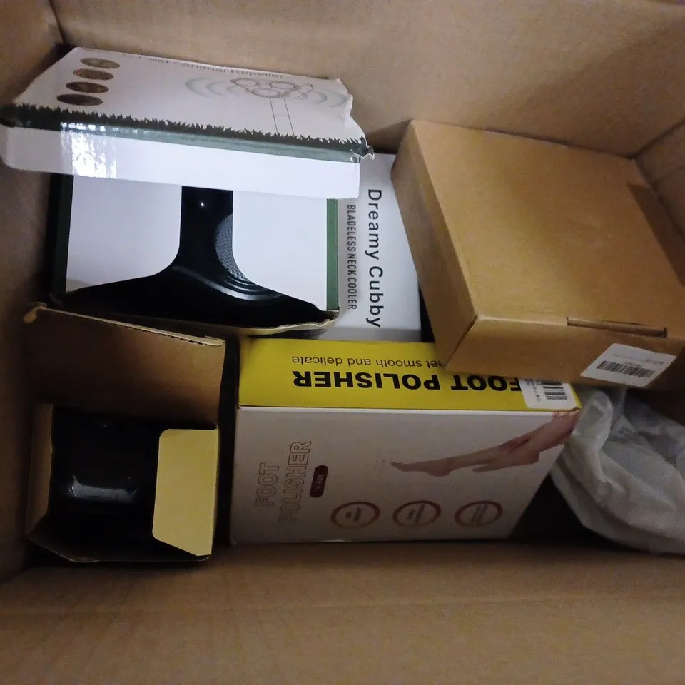 BOX OF 5 ASSORTED ITEMS TO INCLUDE - PEST REPELLER - FOOT POLISHER - NECK FAN ECT