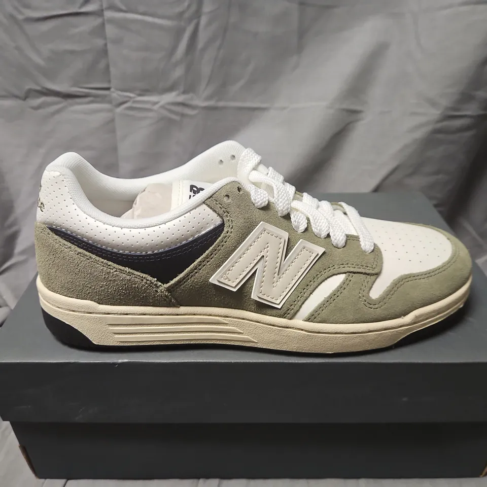 BOXED NEW BALANCE BB480PEO TRAINERS – OLIVE/WHITE, US 9.5 (UK 9)