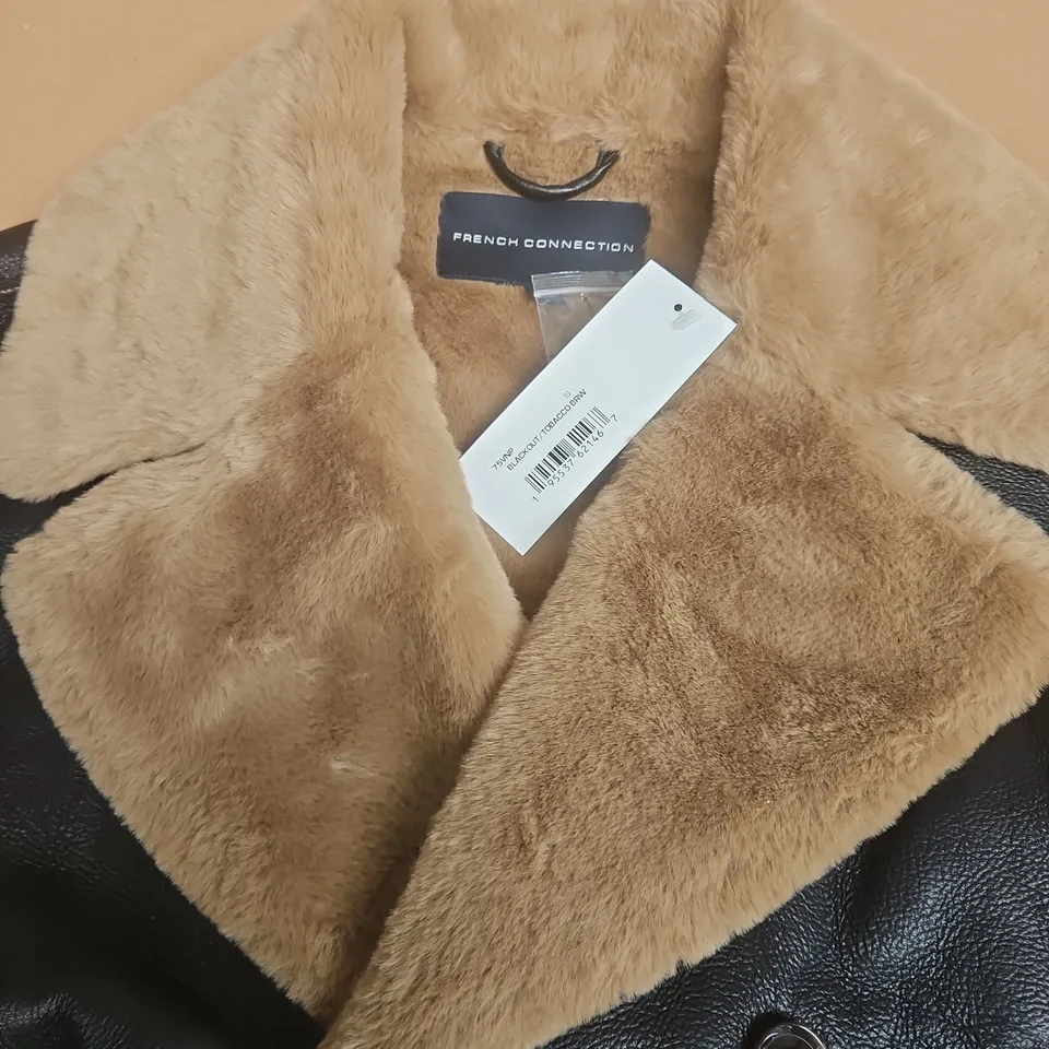 FRENCH CONNECTION LEATHE REFFECT JACKE TWITH FUR TRIM IN BLACK & TOBACCO