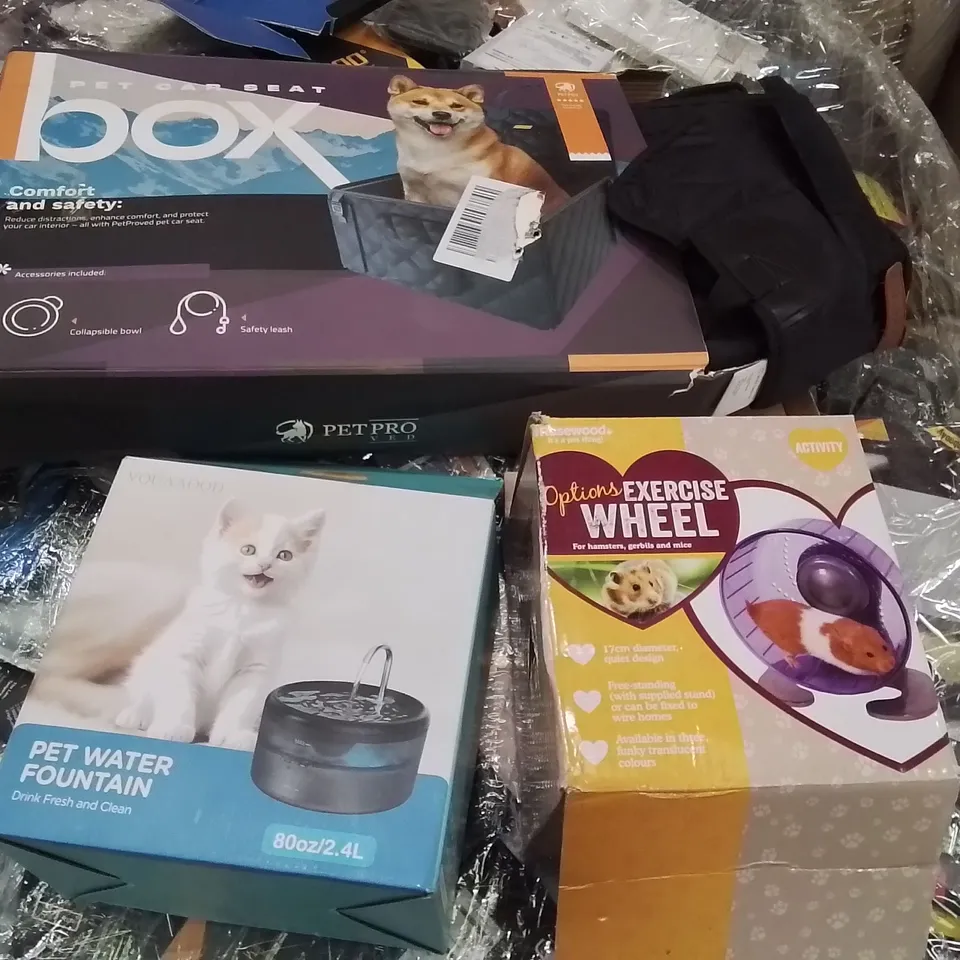 PALLET CONTAINING A LARGE QUANTITY OF PET ITEMS AND PRODUCTS TO INCLUDE;PET WATER FOUNTAIN,HAMSTER WHEEL,DOG CAR SEAT
