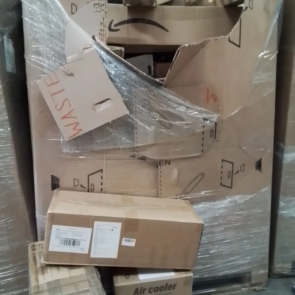 PALLET OF ASSORTED HOUSEHOLD GOODS AND PRODUCTS TO INCLUDE;CAT TOWER,AIR COOLER,PLAYPEN 