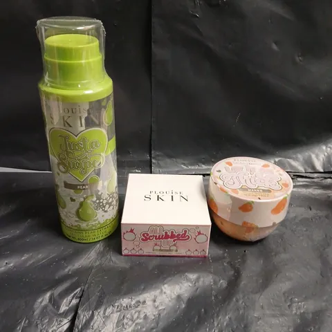 PLOUISE SKIN LOT OF 3 ASSORTED SKINCARE PRODUCTS TO INCLUDE - JUST A SWIPE PEAR MICELLAR WATER - LAY IT ON THICK MANGO BODY BUTTER - ALL SCRUBBED UP DRAGONFRUIT BODY SCRUB