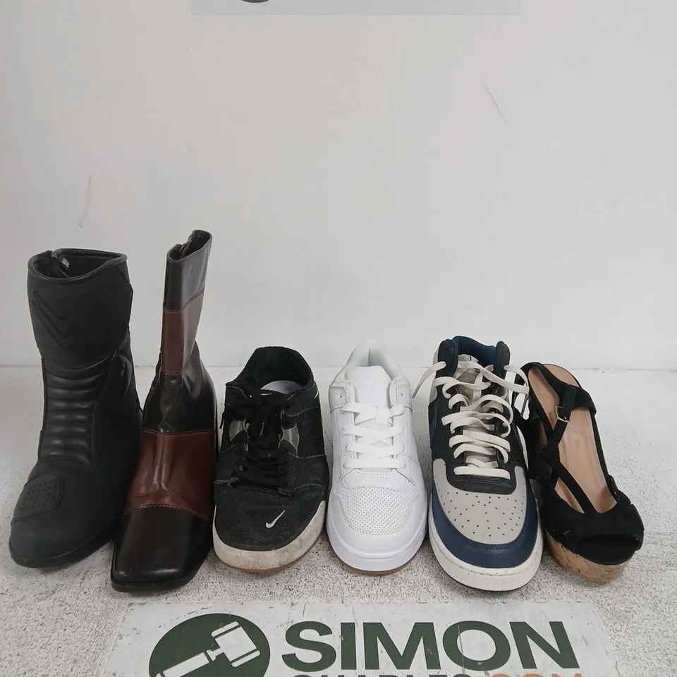 BOX OF APPROXIMATELY 15 ASSORTED SINGLE SHOES INCLUDING A NEW LOOK WEDGE, A NIKE TRAINER AND A SIDE WALK SPORTS TRAINER