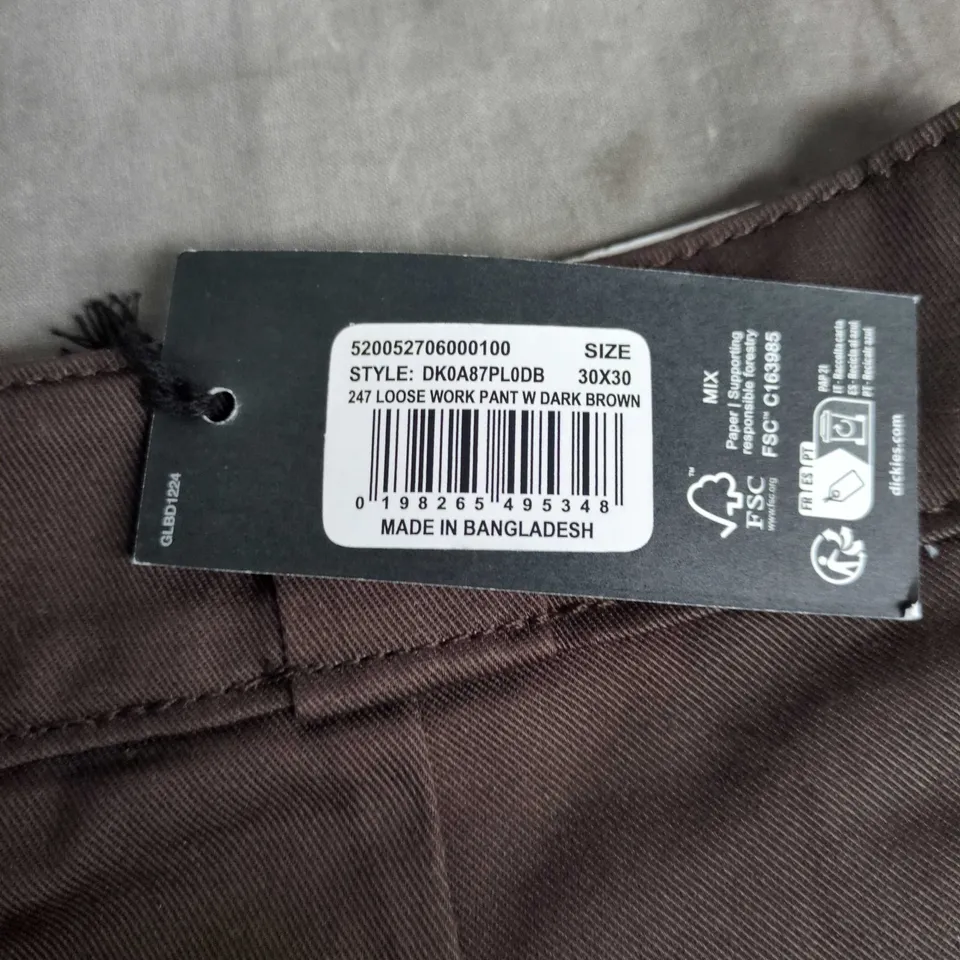 DICKIES WORK PANT – DARK BROWN, LOOSE FIT, STRAIGHT LEG, 100% COTTON, UK 30 X 30