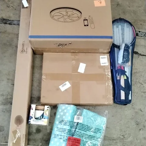 PALLET OF ASSORTED ITEMS INCLUDING CHANFOK CEILING FAN LIGHT, BADMINTON SET, M-DESIGN ACCESSORY ORGANISER, SCENTED CANDLE, WHITE TOILET SEAT