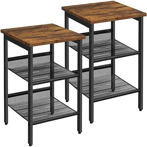 BOXED VASAGLE SET OF 2 BEDSIDE TABLES WITH ADJUSTABLE MESH SHELVES - RUSTIC BROWN AND BLACK