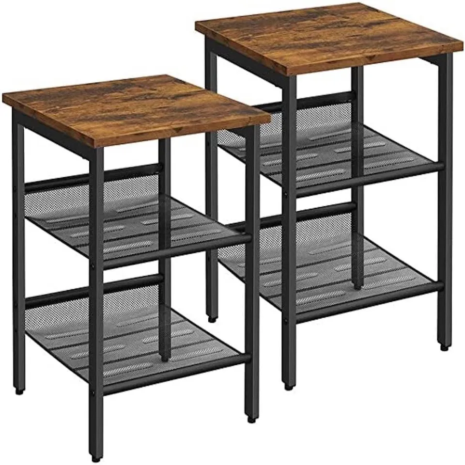 BOXED VASAGLE SET OF 2 BEDSIDE TABLES WITH ADJUSTABLE MESH SHELVES - RUSTIC BROWN AND BLACK