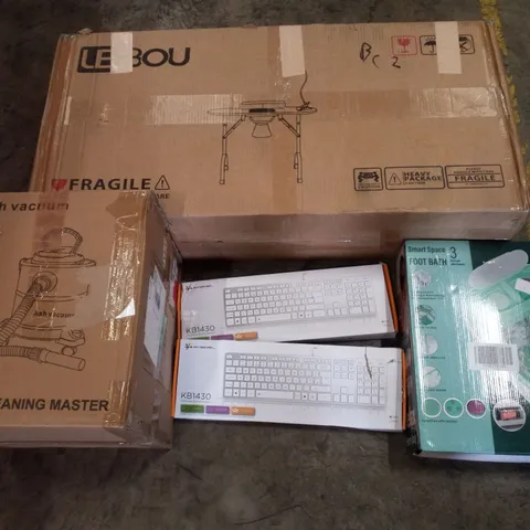 PALLET CONTAINING ASSORTED PRODUCTS INCLUDING ASH VACUUM, MANICURE TABLE, OFFICE CHAIR, KEYBOARDS & FOOT BATH