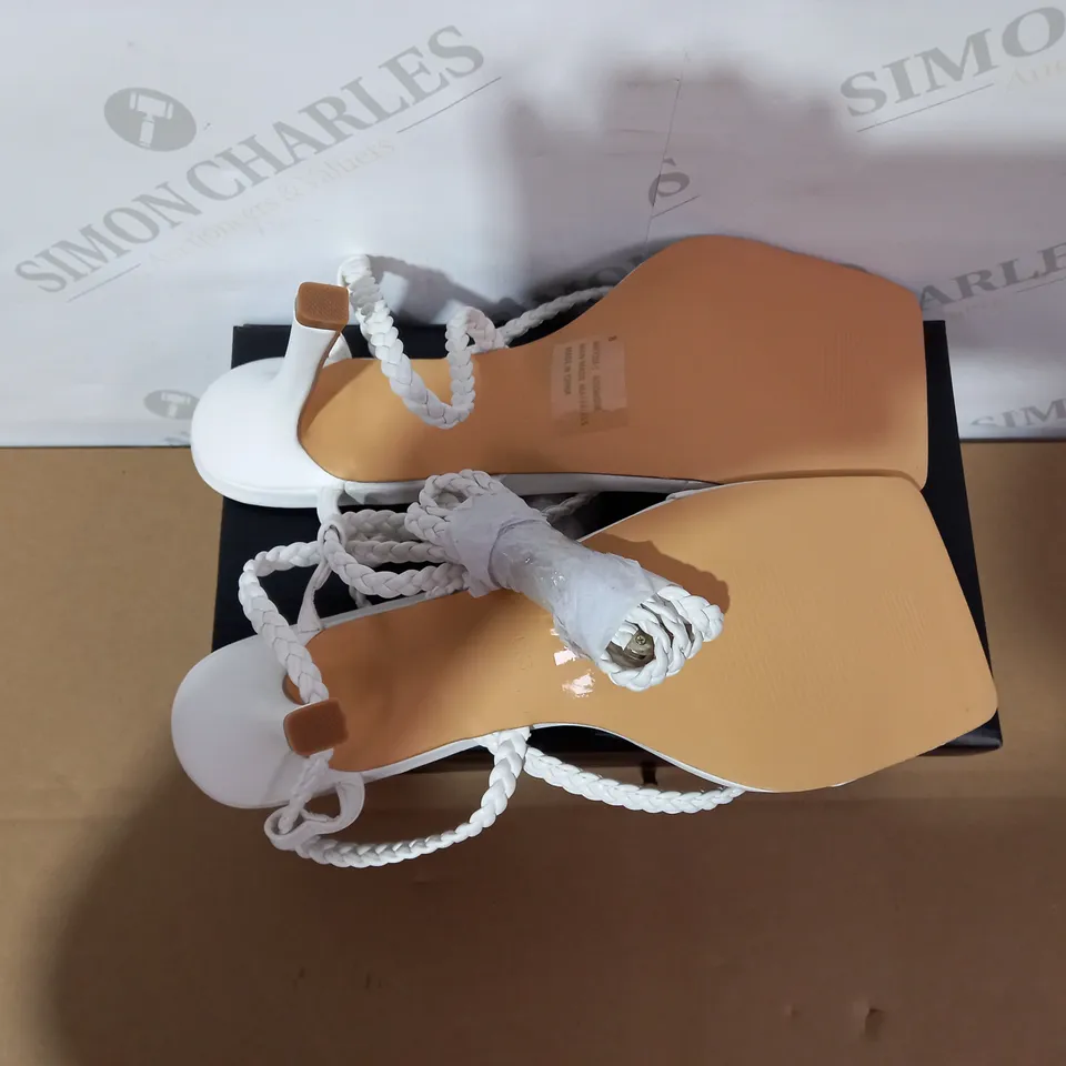 BOXED PAIR OF EGO WHITE HIGH HEELS SIZE8