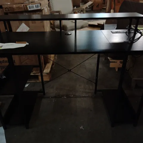 BLACK TWO-TIER DESK WITH RAISED SHELF – METAL FRAME, OFFICE FURNITURE WITH POWER OUTLET