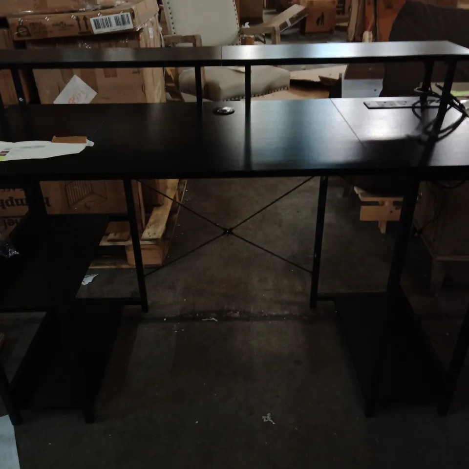 BLACK TWO-TIER DESK WITH RAISED SHELF – METAL FRAME, OFFICE FURNITURE WITH POWER OUTLET