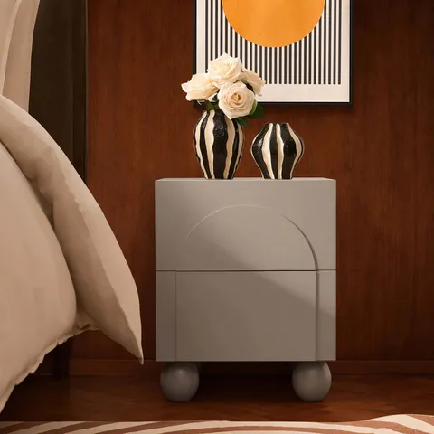 BOXED DUSK RACHEL ARCH FRONT 2 DRAWER BEDSIDE TABLE - TAUPE (1 BOX)