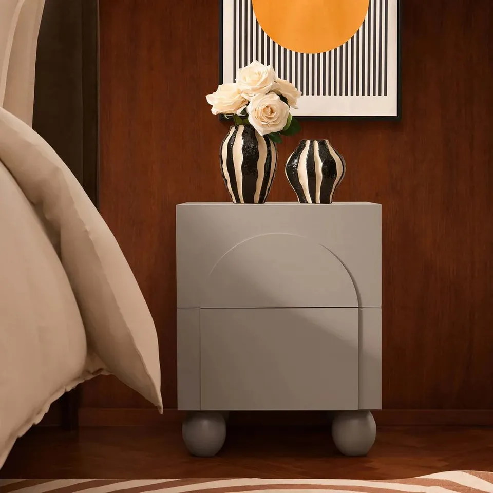 BOXED DUSK RACHEL ARCH FRONT 2 DRAWER BEDSIDE TABLE - TAUPE (1 BOX)