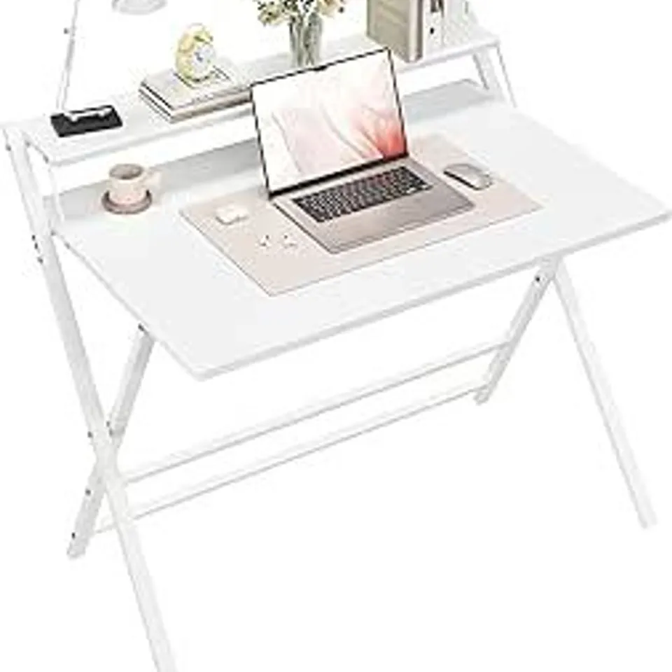 BOXED YAHEETECH 2-TIER 100CM FOLDABLE DESK WITH MONITOR STAND - WHITE