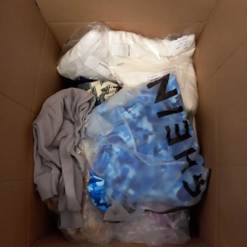  BOX OF ASSORTED CLOTHING ITEMS TOO INCLUDE JUMPERS, SHIRTS AND TROUSERS IN VARIOUS SIZES AND COLOURS   