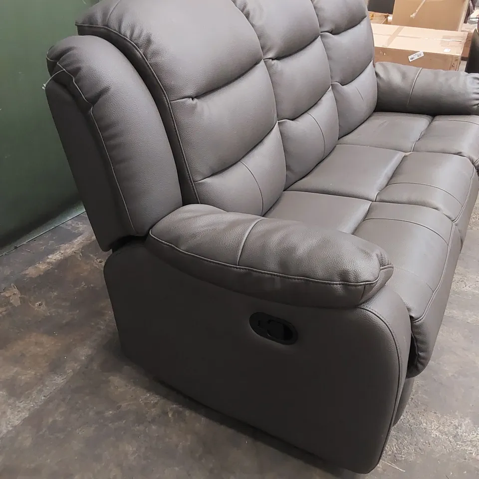 DESIGNER 3 SEATER MANUAL RECLINER LEATHER SOFA - GREY