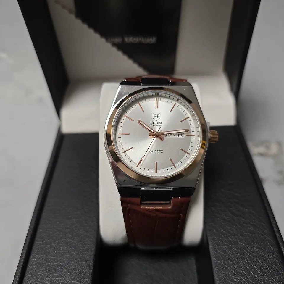 ERNEST FERDINAND WATCH – DAY DATE CALENDAR DIAL – LEATHER STRAP – 3ATM WATER RESISTANT