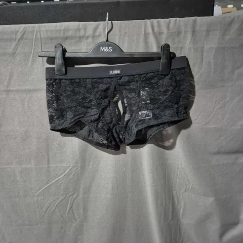 LOVELONEY LINGERIE BLACK LACE OPEN FRONT & BACK BOXER SHORTS, WOMEN, SIZE S/M