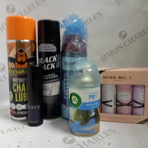 BOX OF APPROX 10 ASSORTED AEROSOLS INCLUDING AIR WICK FRESHMATIC AUTOSPRAY, SUAVE PERFUMED SPRAY AND MISS SO BODY SPRAYS - COLLECTION ONLY