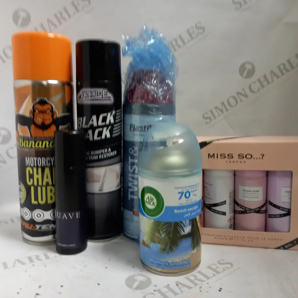 BOX OF APPROX 10 ASSORTED AEROSOLS INCLUDING AIR WICK FRESHMATIC AUTOSPRAY, SUAVE PERFUMED SPRAY AND MISS SO BODY SPRAYS - COLLECTION ONLY