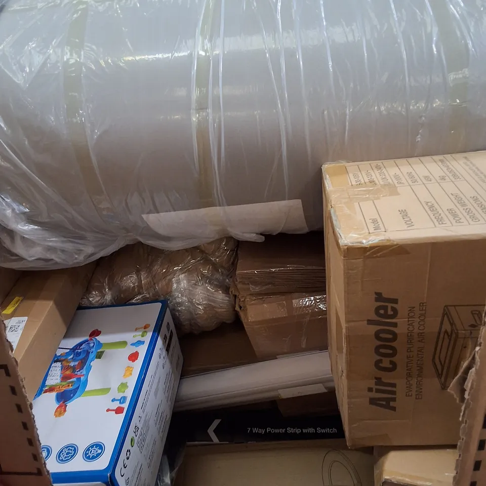 PALLET CONTAINING ASSORTED PRODUCTS INCLUDING AIR COOLER, CHILDREN'S TRICYCLE, TOILET SEAT, POWER STRIP & THERMOELECTRIC COOLER AND WARMER