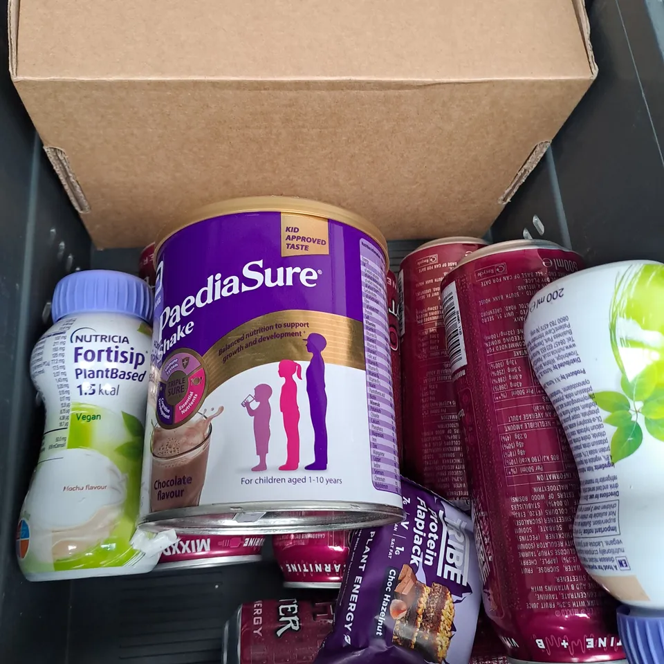 BOX OF APPROXIMATELY 10 ASSORTED ITEMS TO INCLUDE PROTEIN FLAPJACK, MONSTER ENERGY, SHAKE POWDER ETC