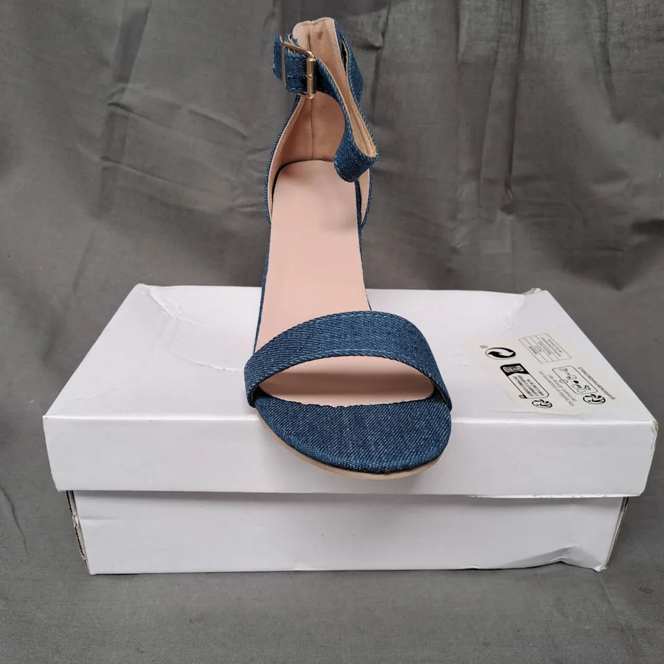 BOXED PAIR OF DESIGNER OPEN TOE HEELED SANDALS IN DENIM BLUE EU SIZE 41