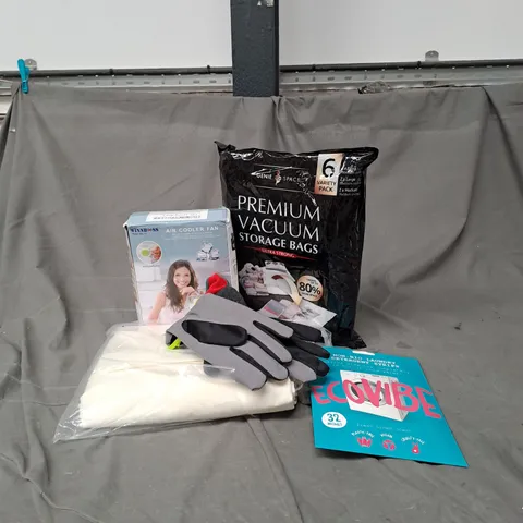 APPROXIMATELY 20 ASSORTED HOUSEHOLD PRODUCTS TO INCLUDE PREMIUM VACUUM STORAGE BAGS, WORK GLOVES, AIR COOLER FAN, ETC