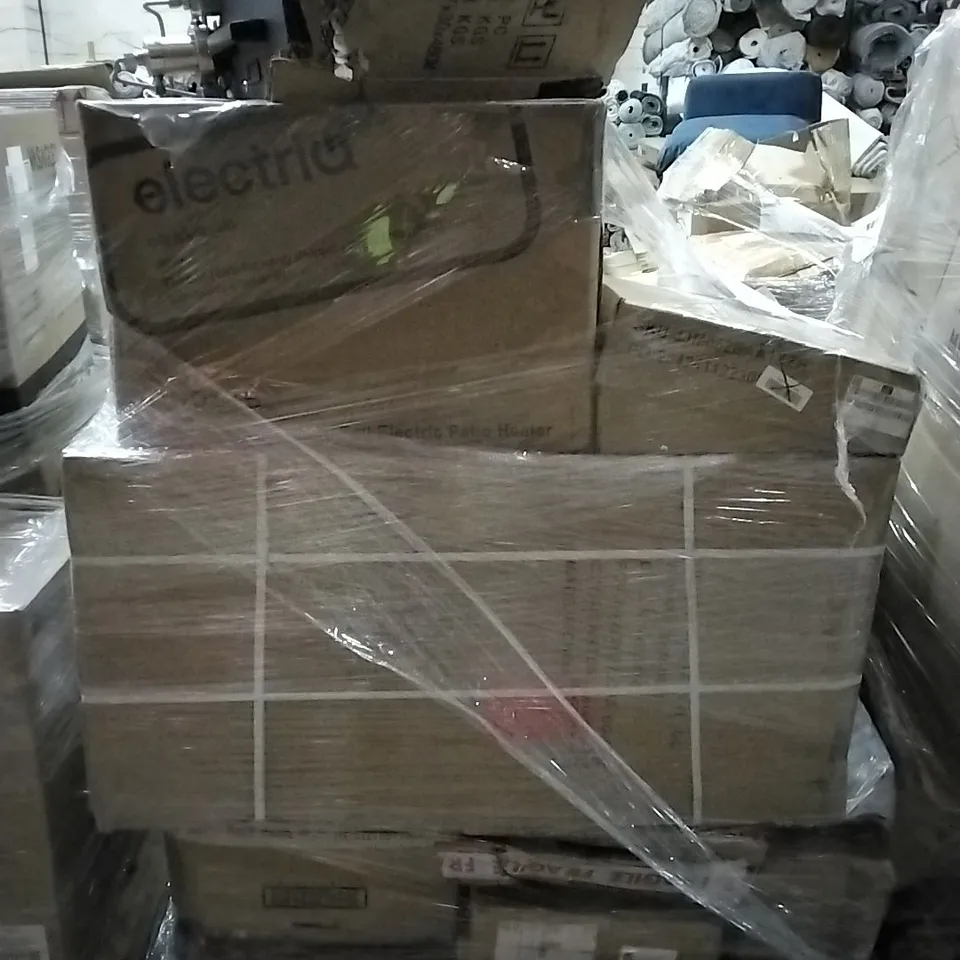 PALLET OF HOUSEHOLD ITEMS TO INCLUDE OUTDOOR FREE STANDING TALL ELECTRIC PATIO HEATER, BATHROOM MIRROR CABINET, FLAG CASE AND OTHER ASSORTED ITEMS...