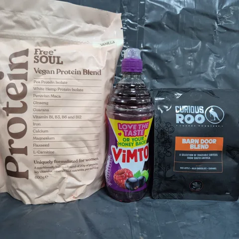 APPROXIMATELY 5 ASSORTED FOOD ITEMS TO INCLUDE CURIOUS ROO COFFEE, VIMTO, ETC