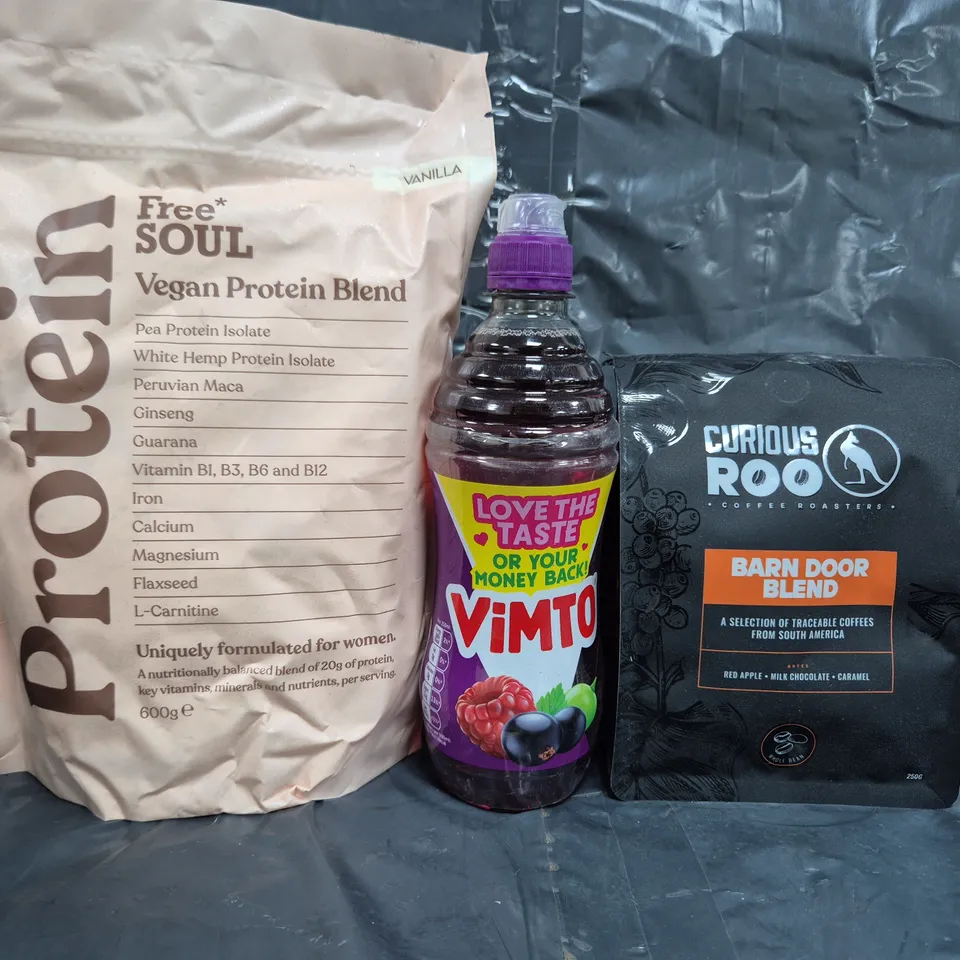 APPROXIMATELY 5 ASSORTED FOOD ITEMS TO INCLUDE CURIOUS ROO COFFEE, VIMTO, ETC