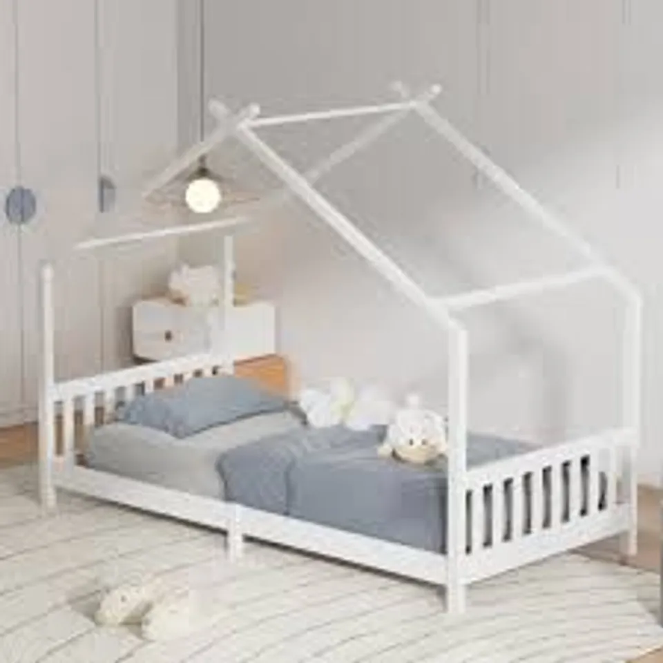 BOXED LIVING AND HOME PINE WOOD HOUSE BED FRAME - WHITE (1 BOX)
