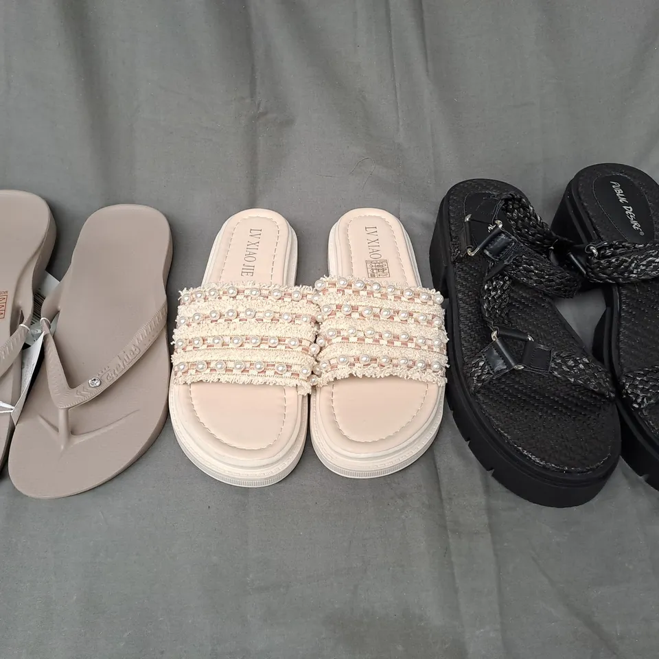 BOX OF APPROXIMATELY 15 ASSORTED PAIRS OF SHOES AND FOOTWEAR ITEMS IN VARIOUS STYLES AND SIZES TO INCLUDE ARCHIES, LV XIAO JIE, PUBLIC DESIRE, ETC