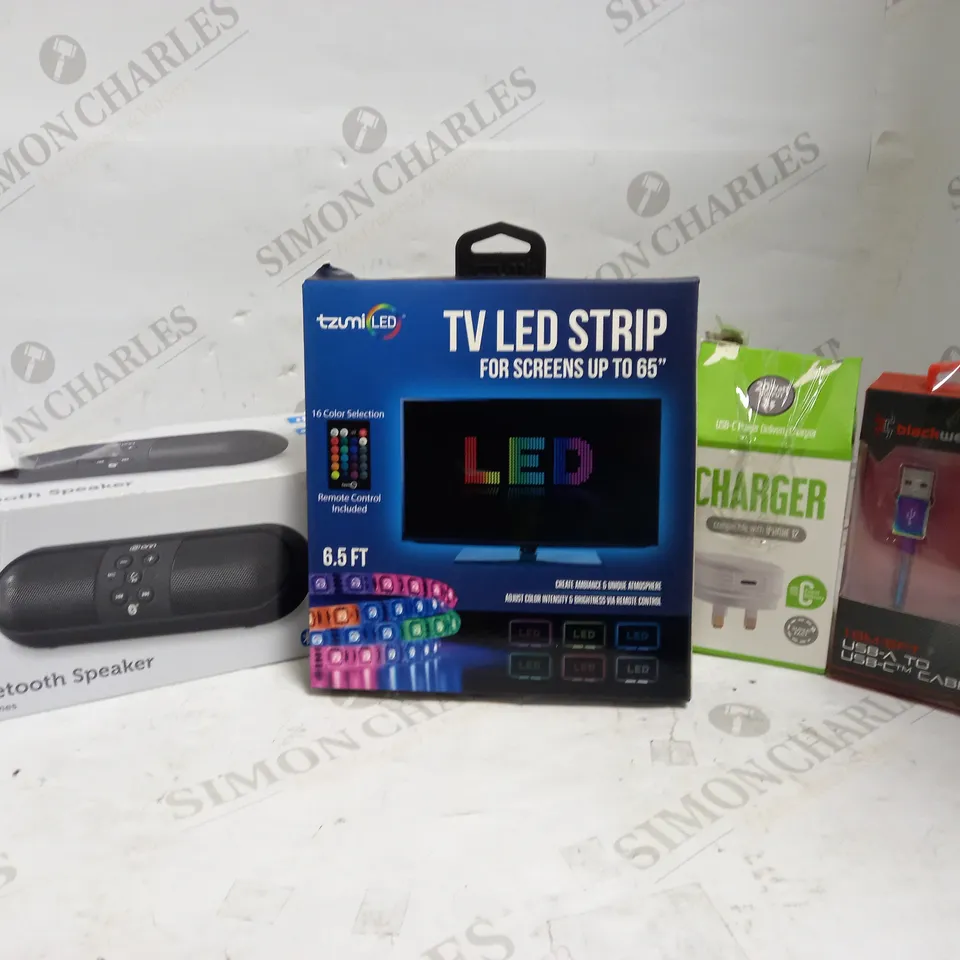 LOT OF APPROXIMATELY 20 ELECTRICAL ITEMS, TO INCLUDE SPEAKER, LED STRIP, CHARGER, ETC