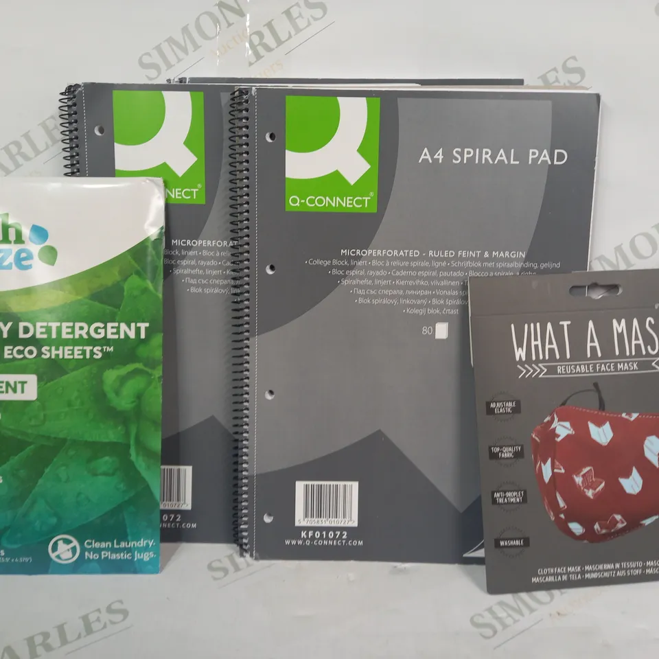 BOX OF APPROXIMATELY 10 ASSORTED HOUSEHOLD ITEMS TO INCLUDE WHAT A MASK REUSABLE FACE MASK, A4 SPIRAL PAD, EARTH BREEZE LAUNDRY DETERGENT LIQUIDLESS ECO SHEETS, ETC