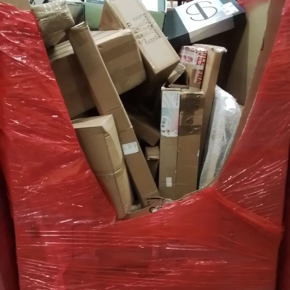 PALLET CONTAINING VARIOUS ASSORTED BOXED HOUSEHOLD ITEMS TO INCLUDE: SMART LIGHT, RETRACTABLE SAFETY GATE, SHOWER SYSTEM, POP UP TENT AND LOTS MORE UNMARKED BOXED ITEMS 