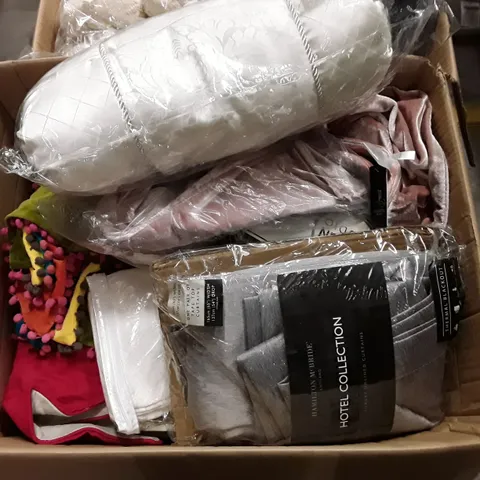 BOX CONTAINING ASSORTED TEXTILE PRODUCTS INCLUDING BOLSTER CUSHION, CUSHION COVERS & CURTAINS 