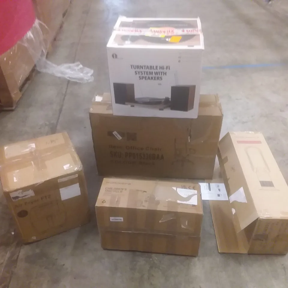 PALLET OF ASSORTED HOUSEHOLD PRODUCTS AND ITEMS, INCLUDING; AIR FRYER, CHILDREN'S TRICYCLE, PURIFIER AND HEATER FAN, OFFICE CHAIR, TURNTABLE HI-FI SYSTEM ETC