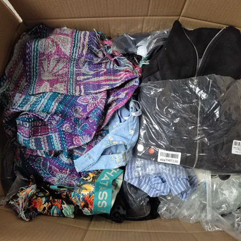 LARGE BOX OF APPROXIMATELY 20 ASSORTED CLOTHING ITEMS IN VARIOUS SIZES, STYLES AND COLOURS