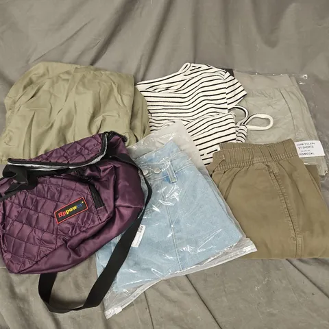 BOX OF APPROXIMATELY 20 ASSORTED CLOTHING ITEMS TO INCLUDE BAG, SHORTS, DRESS, ETC