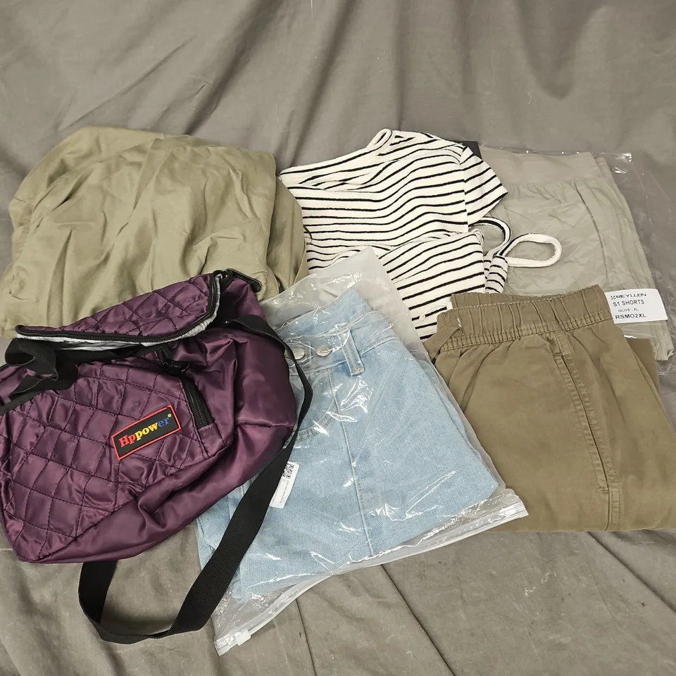 BOX OF APPROXIMATELY 20 ASSORTED CLOTHING ITEMS TO INCLUDE BAG, SHORTS, DRESS, ETC