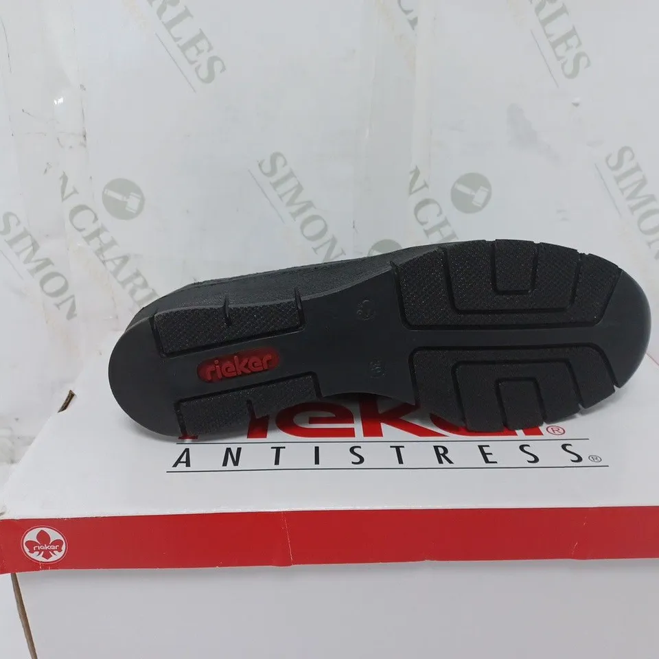 BOXED PAIR OF RIEKER WEDGE TRAINERS WITH SIDE ZIPS IN BLACK - SIZE 6