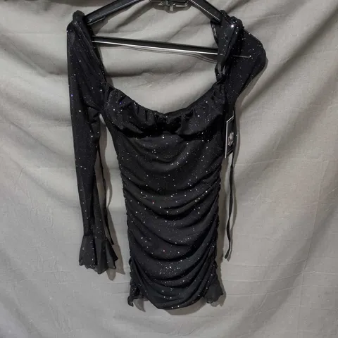 PULL ME UNDER LONG SLEEVE GLITTER MESH MINI DRESS – BLACK – UK 8 (S 8)