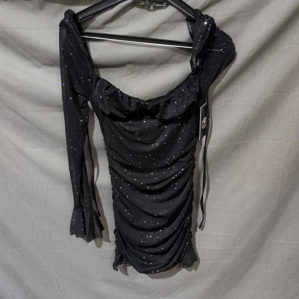 PULL ME UNDER LONG SLEEVE GLITTER MESH MINI DRESS – BLACK – UK 8 (S 8)